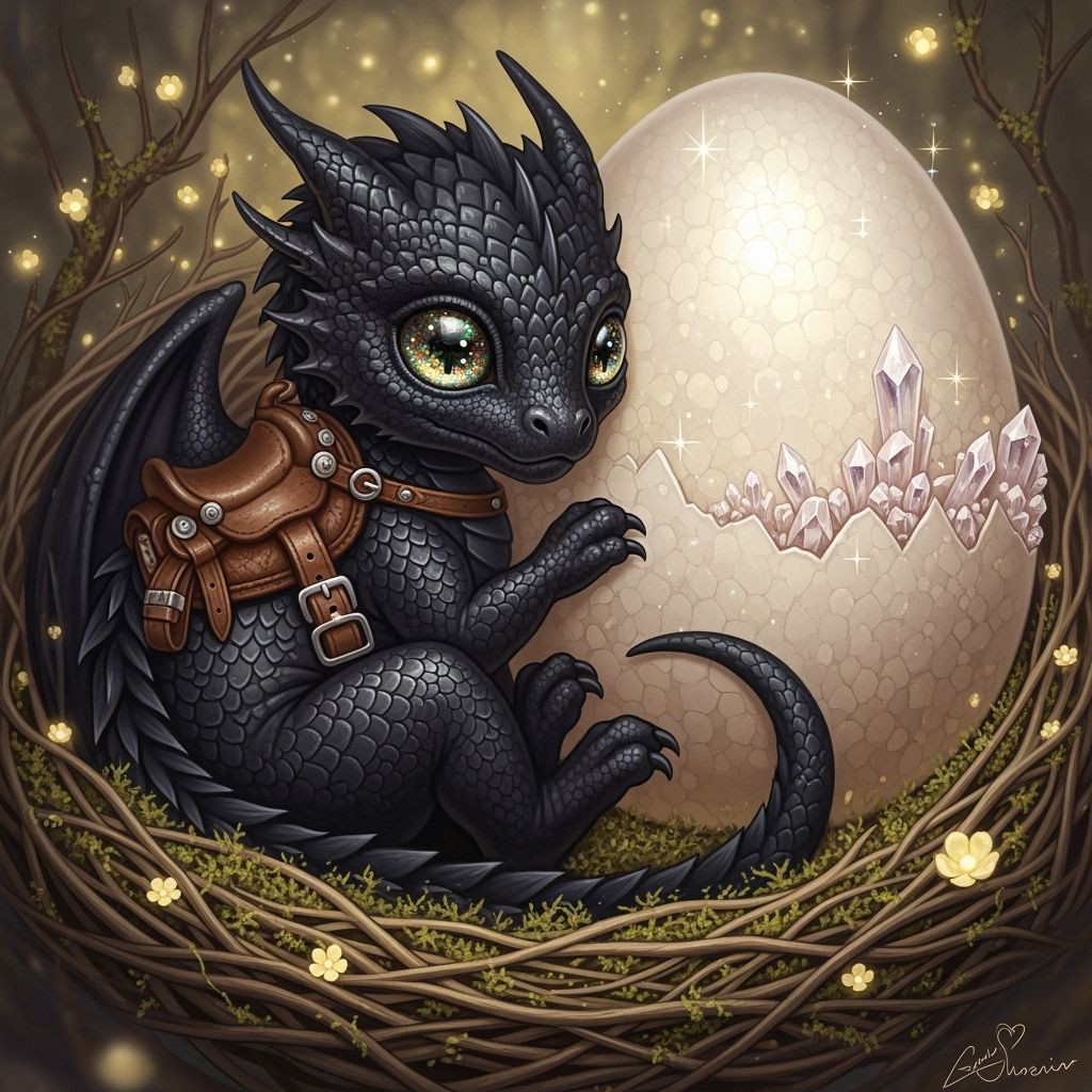 Cute Baby Black Dragon with Sparkly Egg