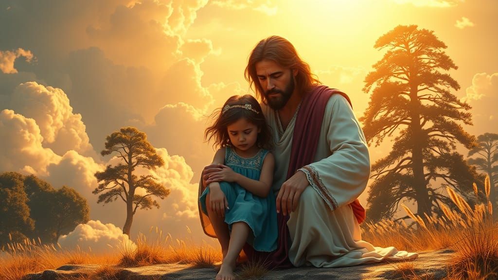 Tender Jesus Comforts a Distressed Child in a Vibrant Fantas...
