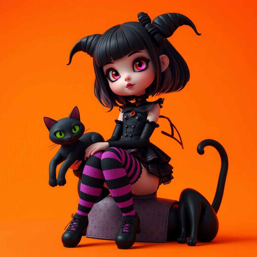 Cute Goth Girl with Black Cat in 3D Digital Art