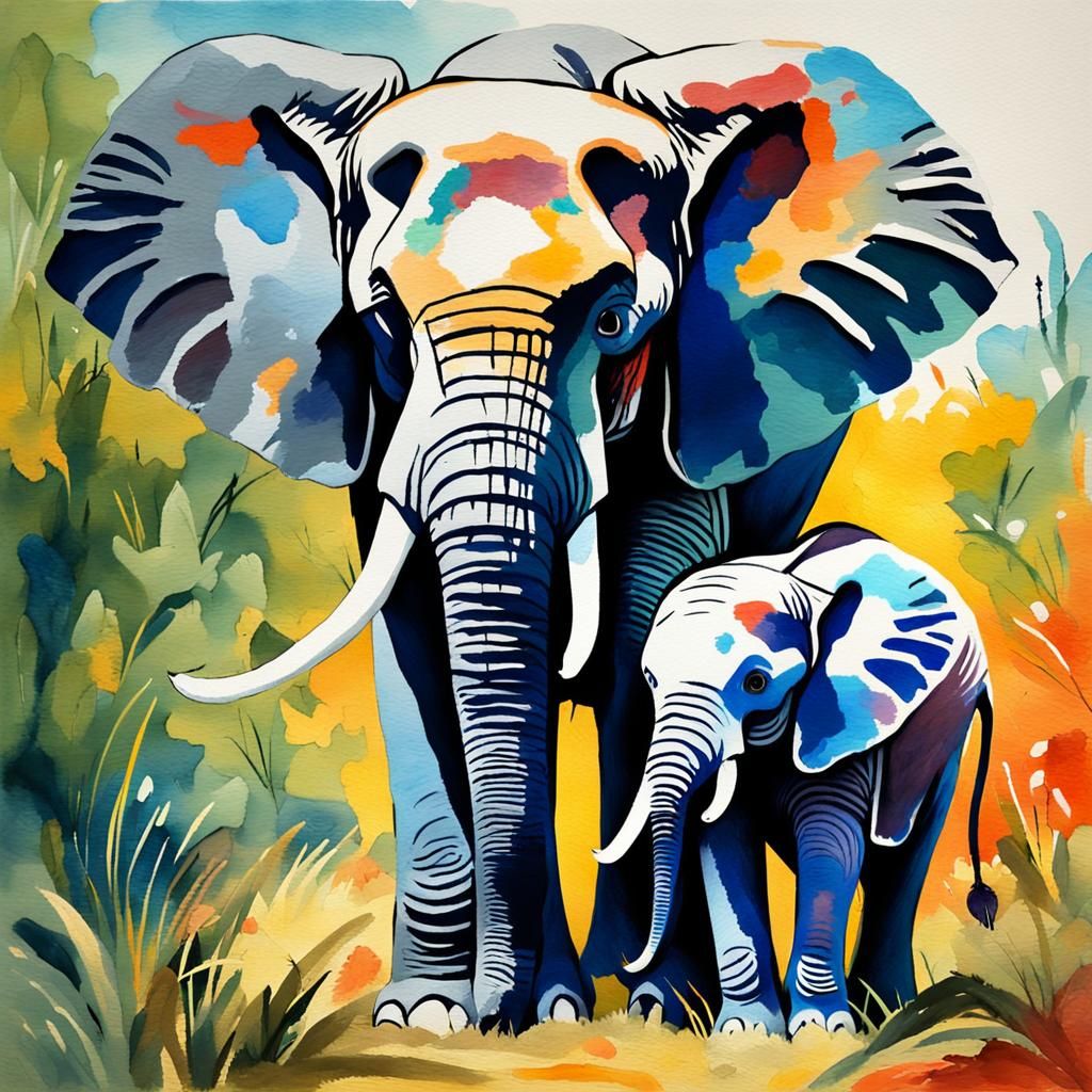 Elephant Mother and Baby in Gouache Style