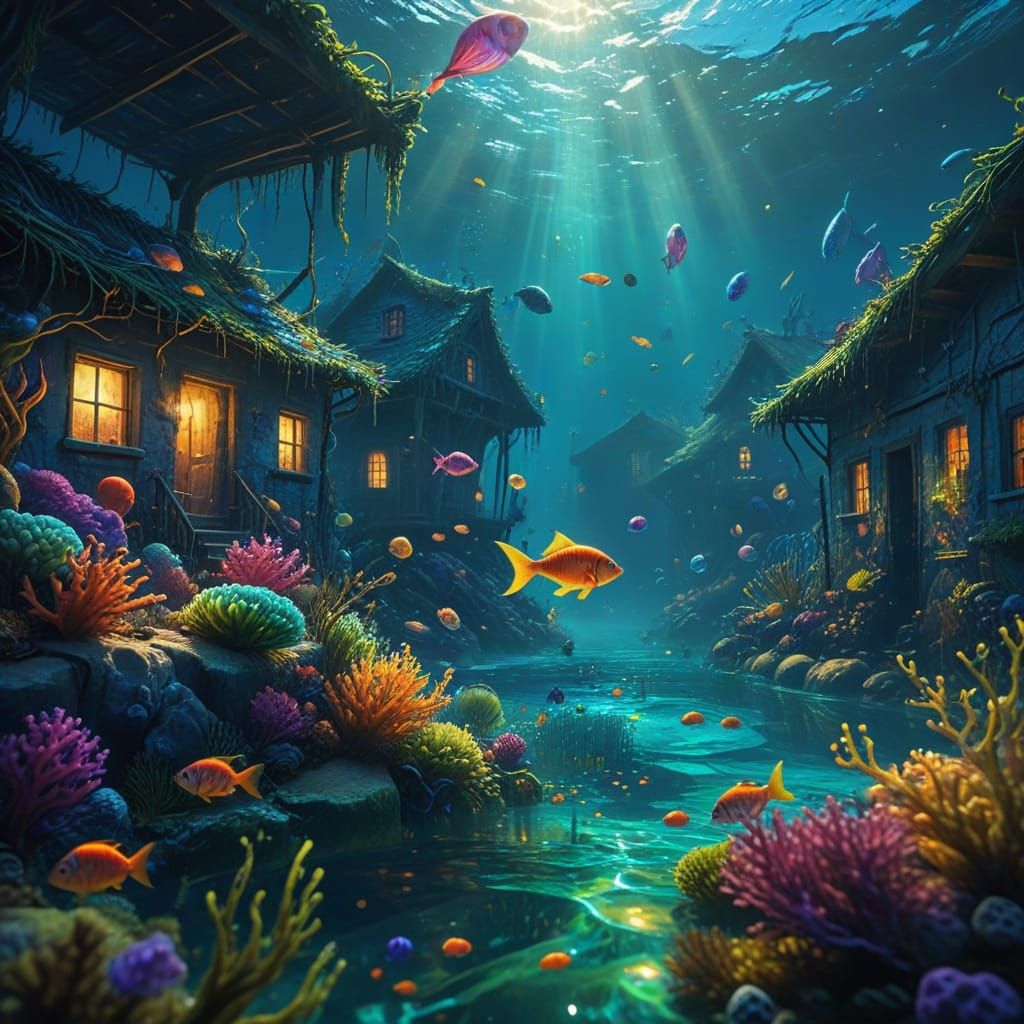 Underwater Village: A Surreal Oil Painting