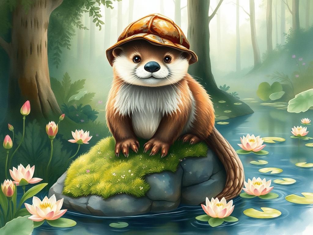Whimsical Otter in Watercolor with Turtle Shell Hat