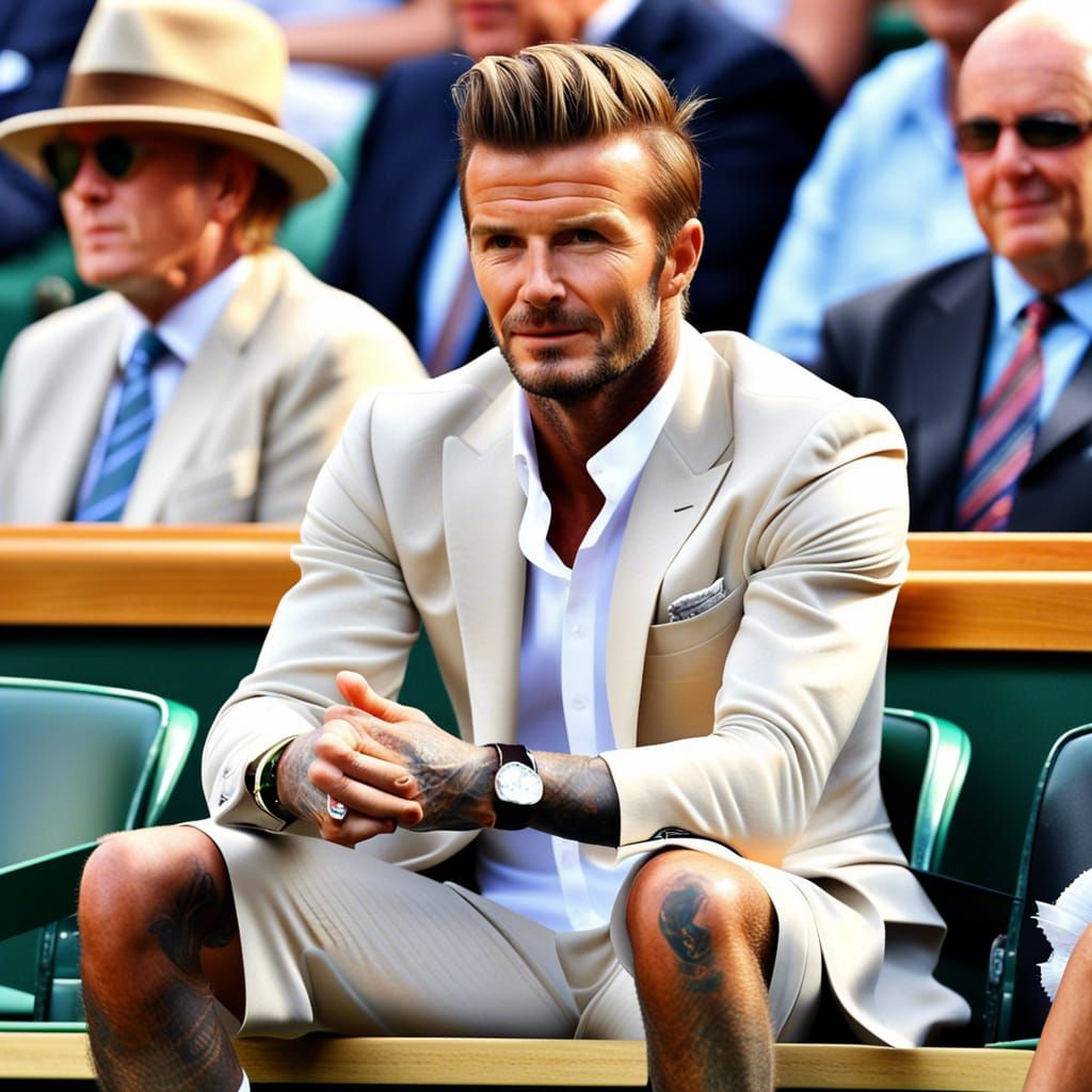 David Beckham sits in the Royal Box on Centre Court on day three of the Wimbledon tennis, photorealistic