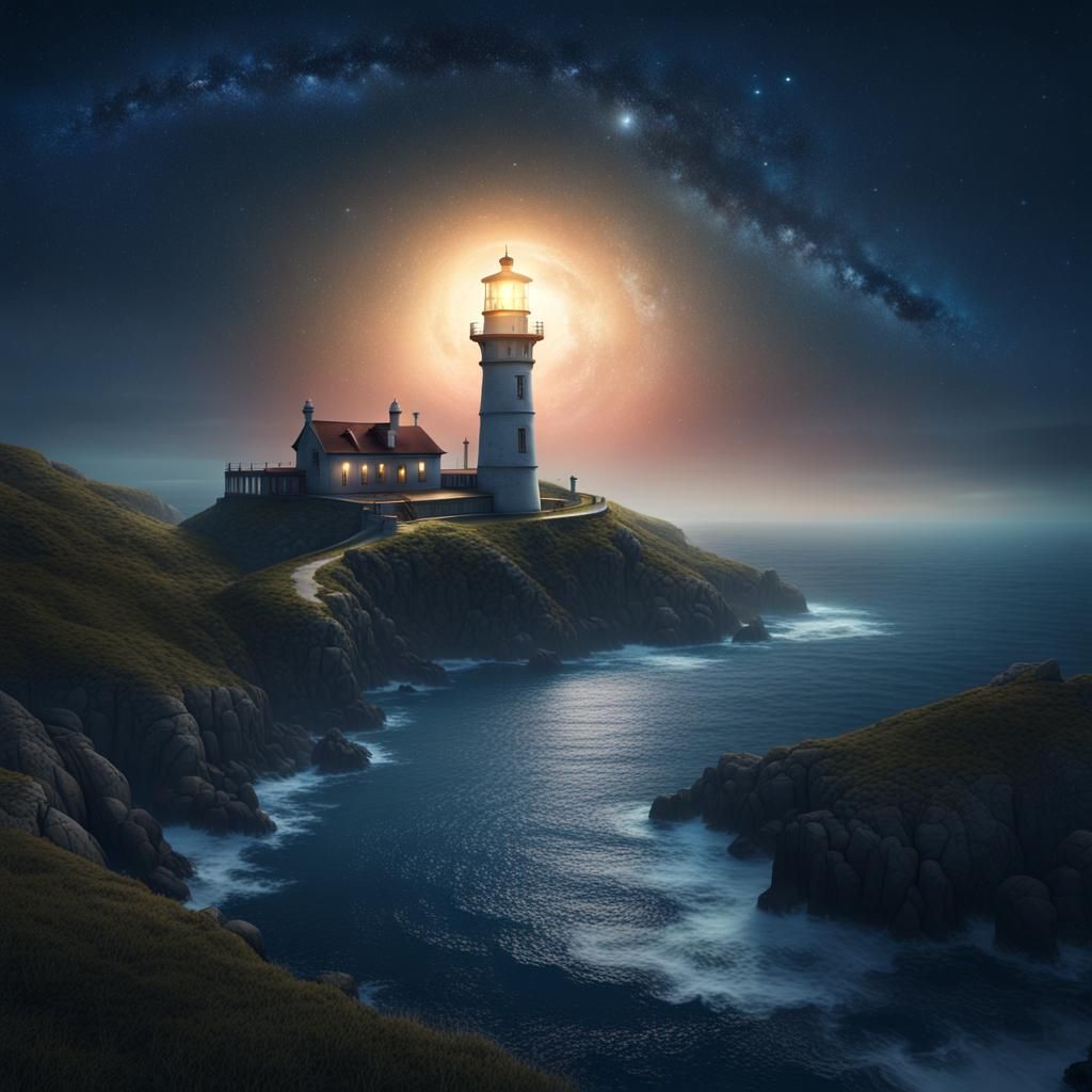 Old Lighthouse Under Starry Night Sky