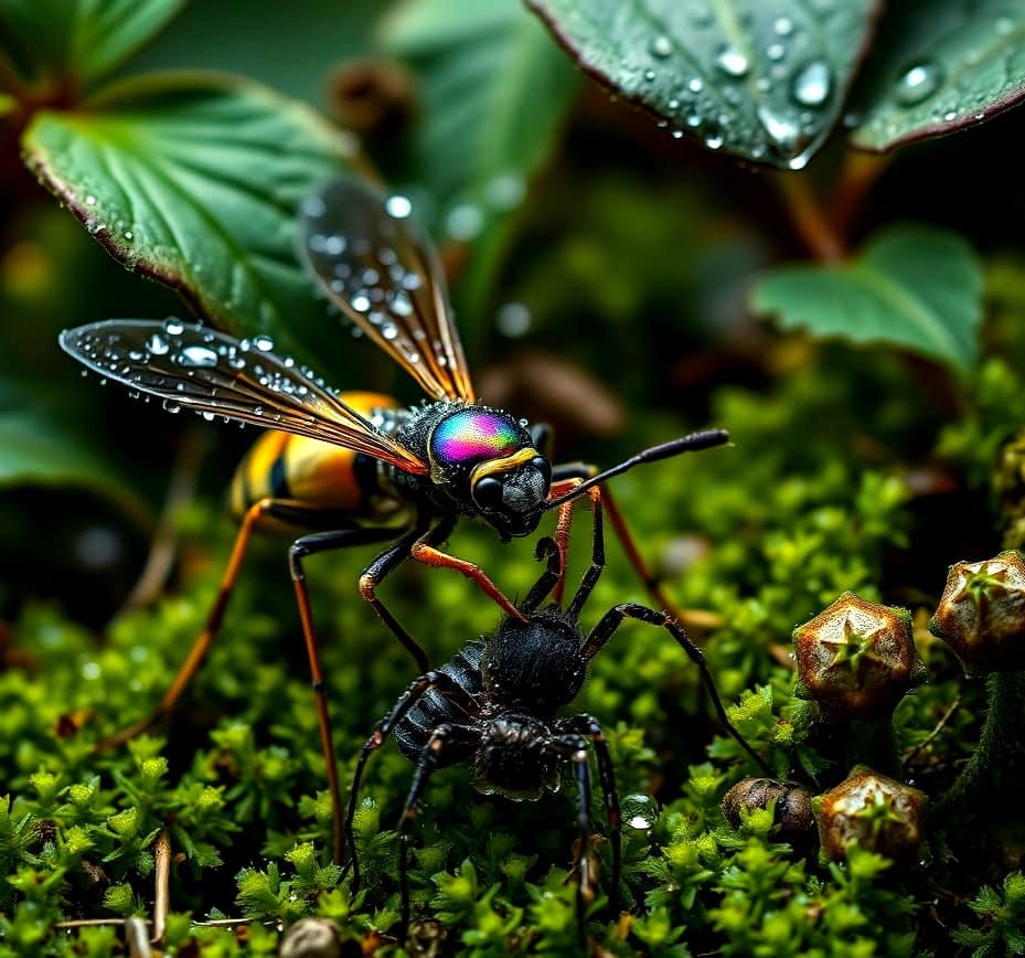 Surrealistic Close-up of Dew-Covered Spider Wasp in Dappled ...