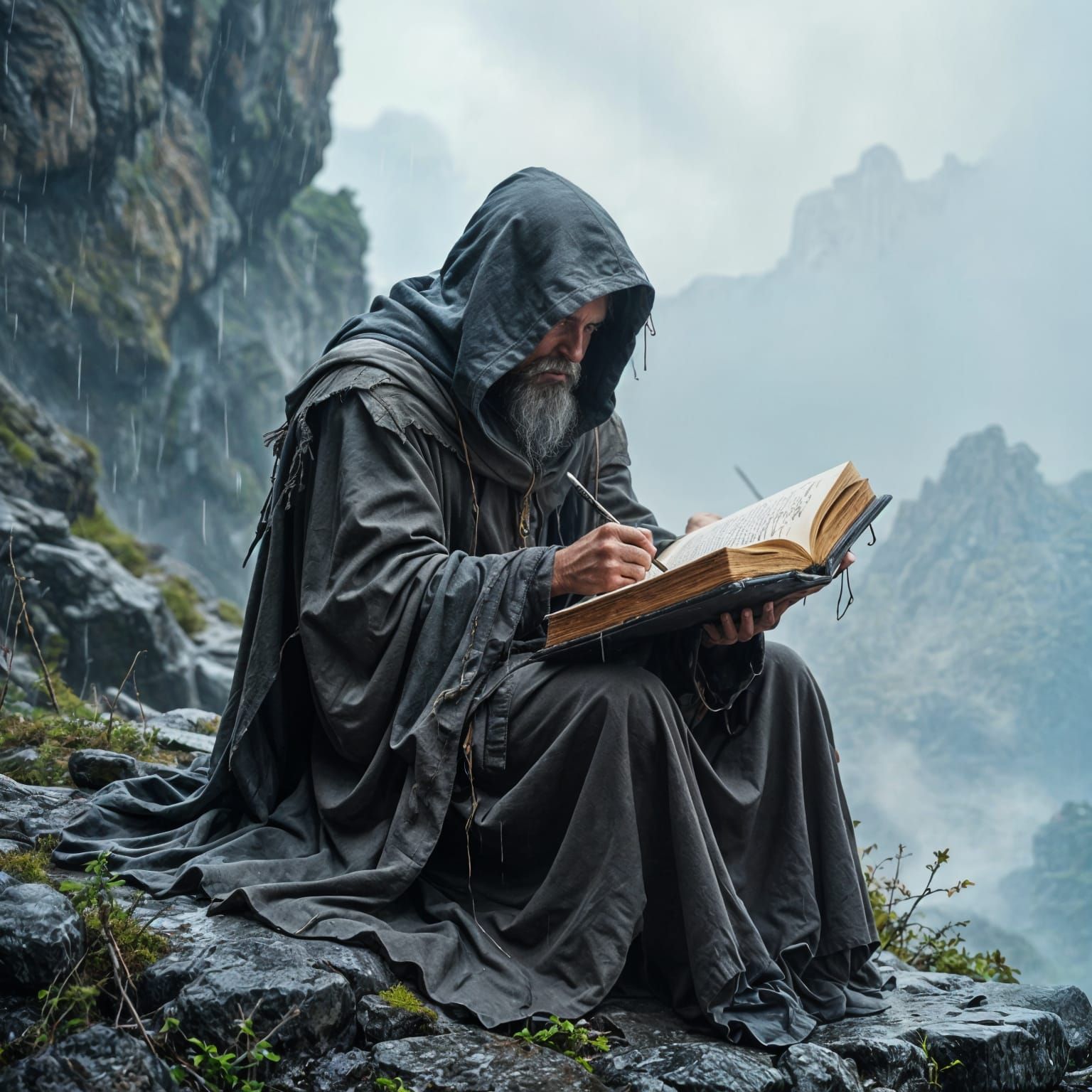 Hermit Writes in Magical Book During Rainstorm on Rocky Crag