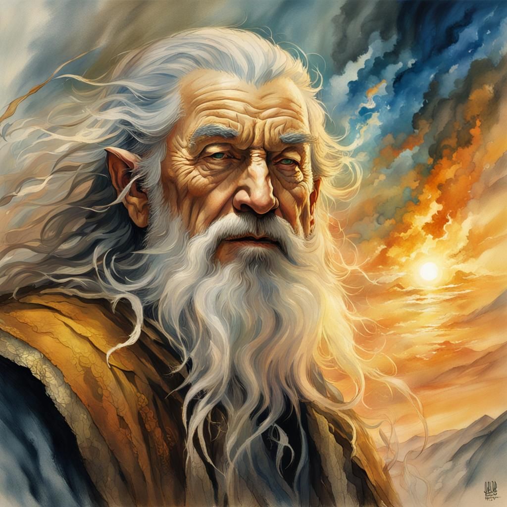 Gandalf's Face in Sunset Light: High Fantasy Art
