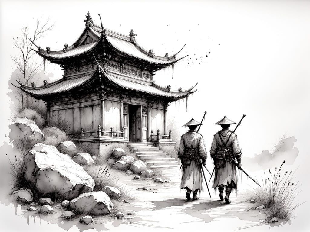 Mysterious Monochromatic Warriors Before Ancient Temple