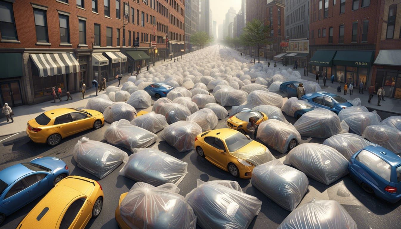 NYC Street Overwhelmed by Plastic Bags in Photorealistic Sty...