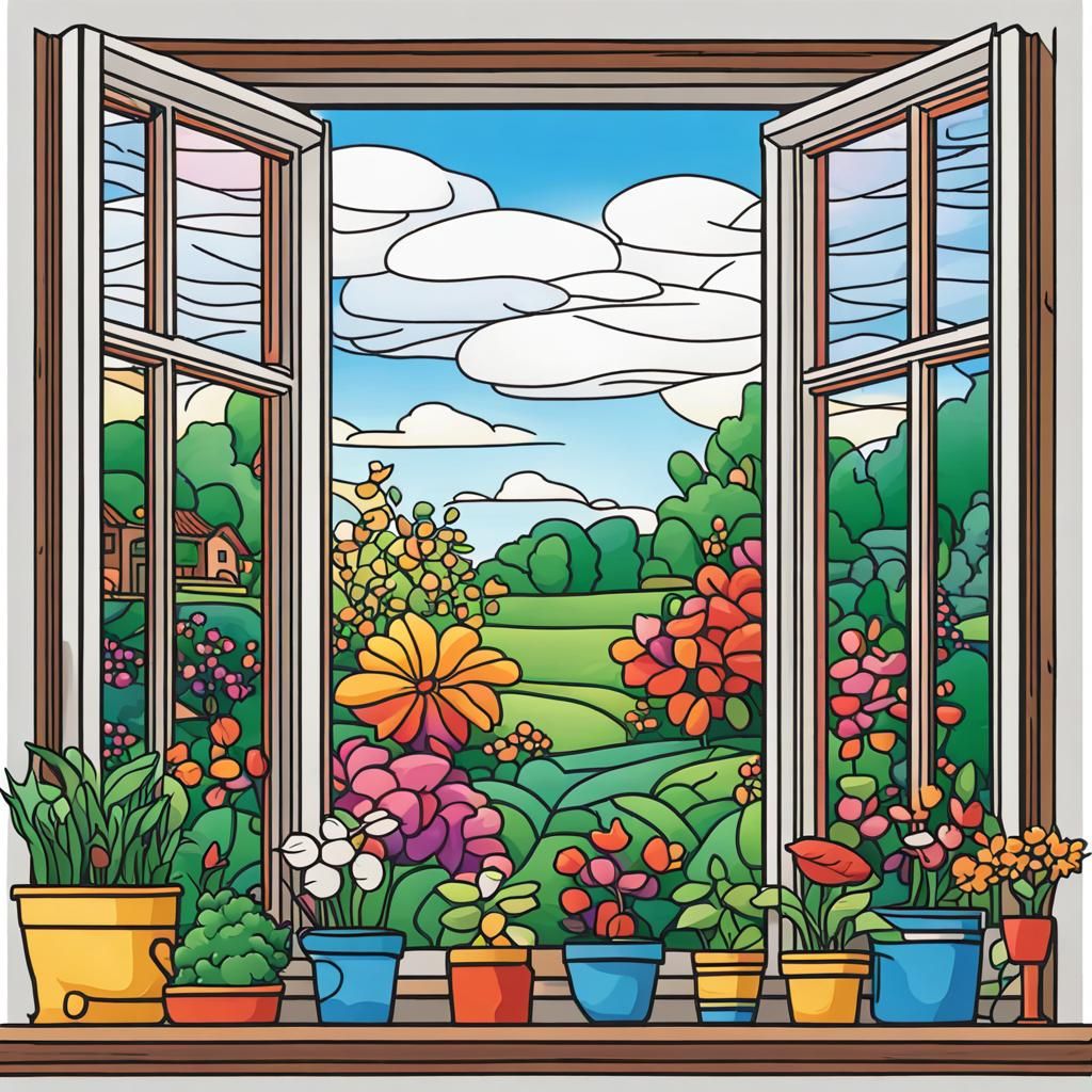 Colorful Garden Window View in Line Art