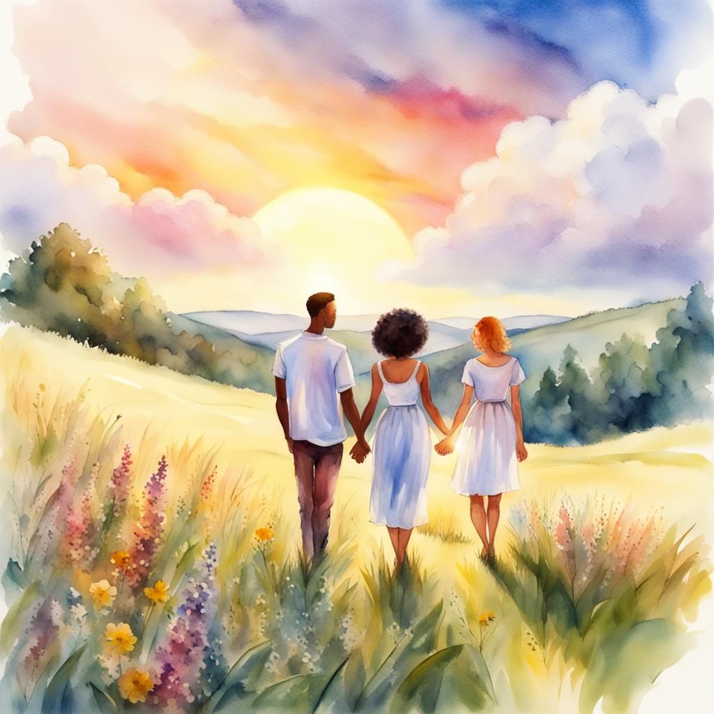 Romantic Sunset Picnic: Watercolor Landscape of Lovers