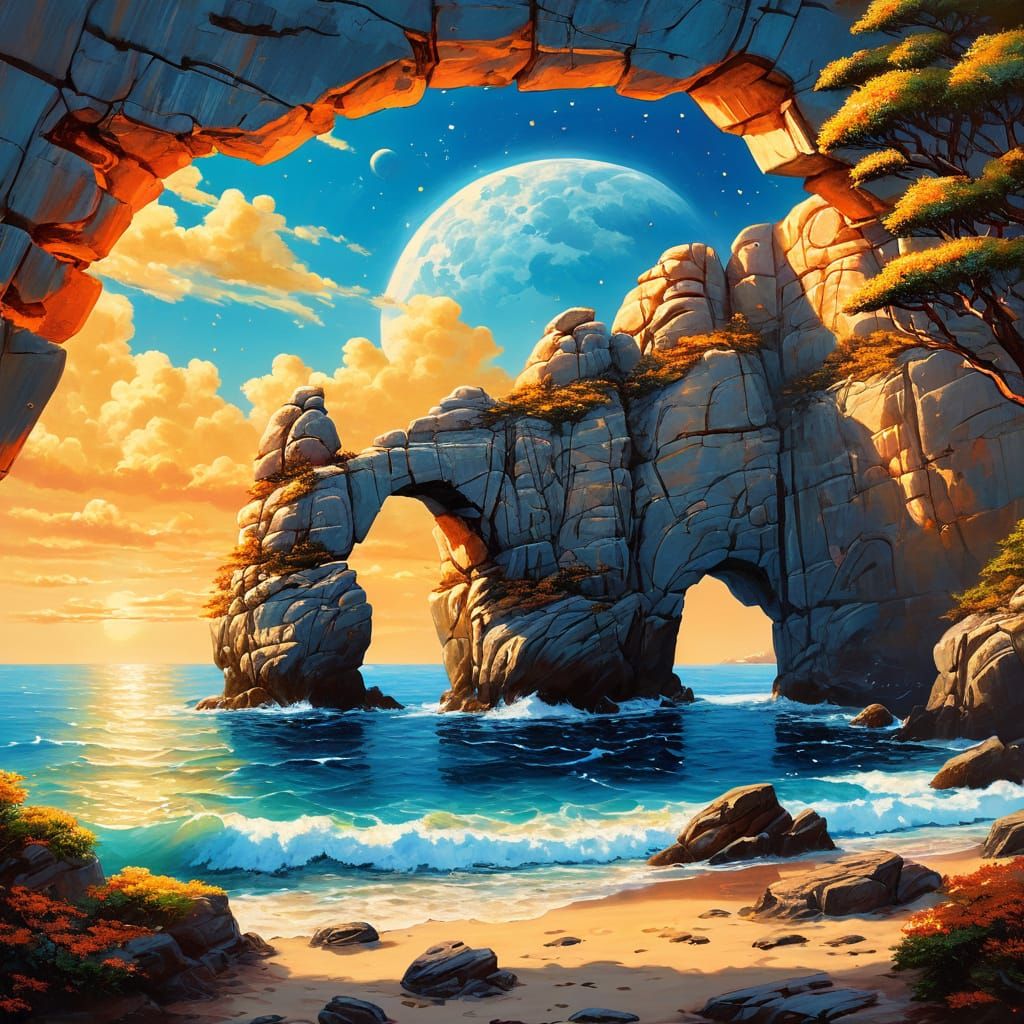 Stone Arch at Ocean's Edge in Oil Painting Style