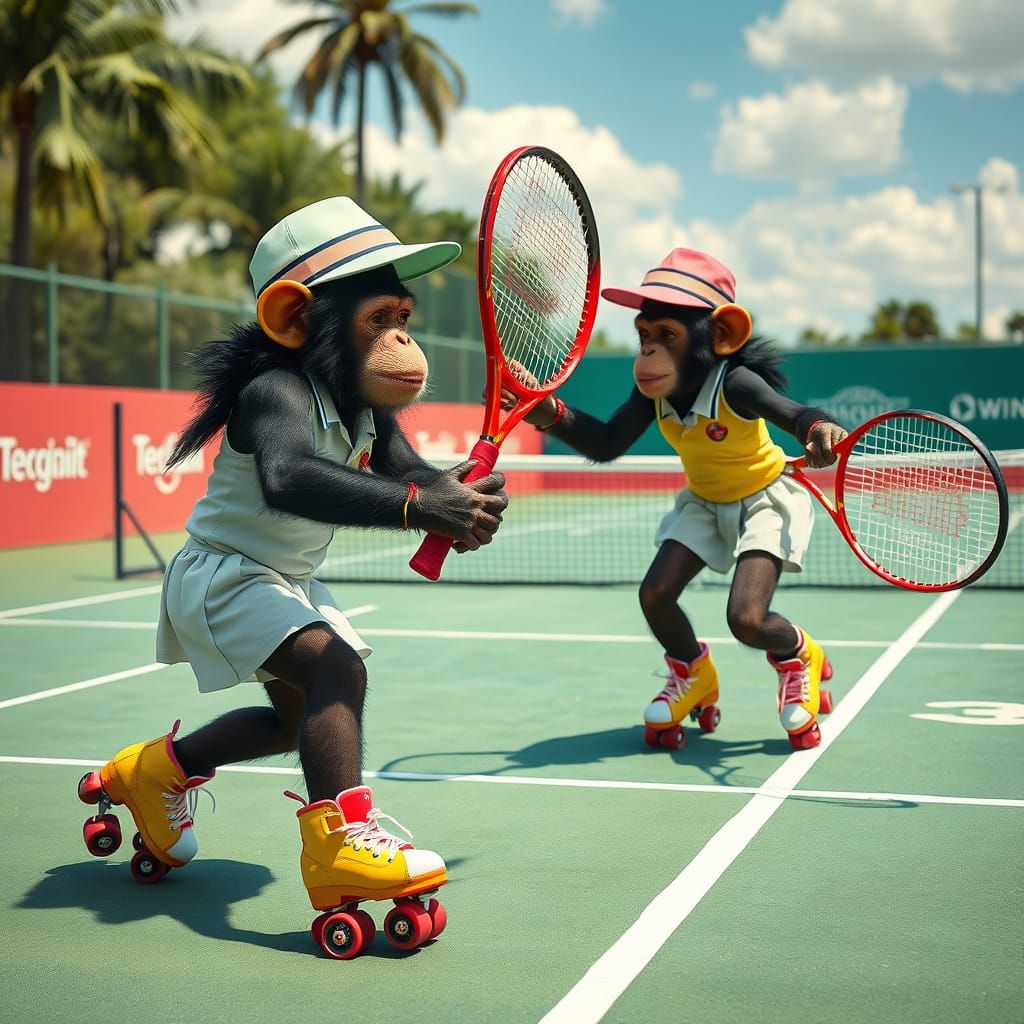 Chimpanzee Tennis Duel in Hyperrealistic Digital Art Style