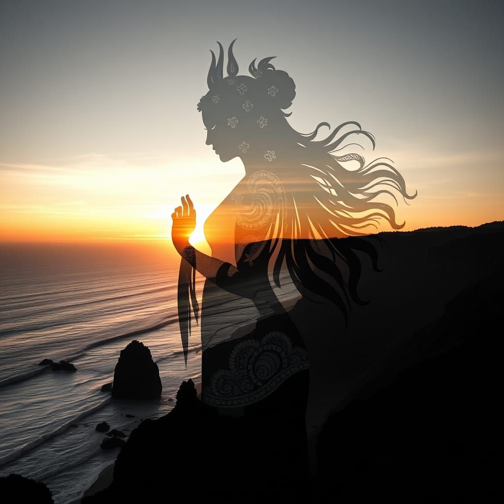 Goddess Silhouette Double Exposure with Sunset Coast