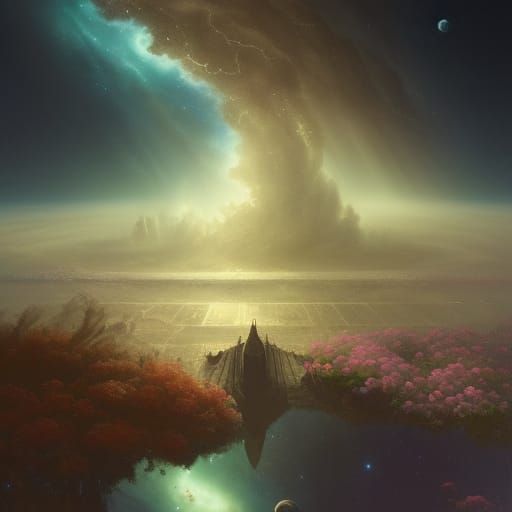 Celestial Garden Floating in Space: Dark Fantasy Art