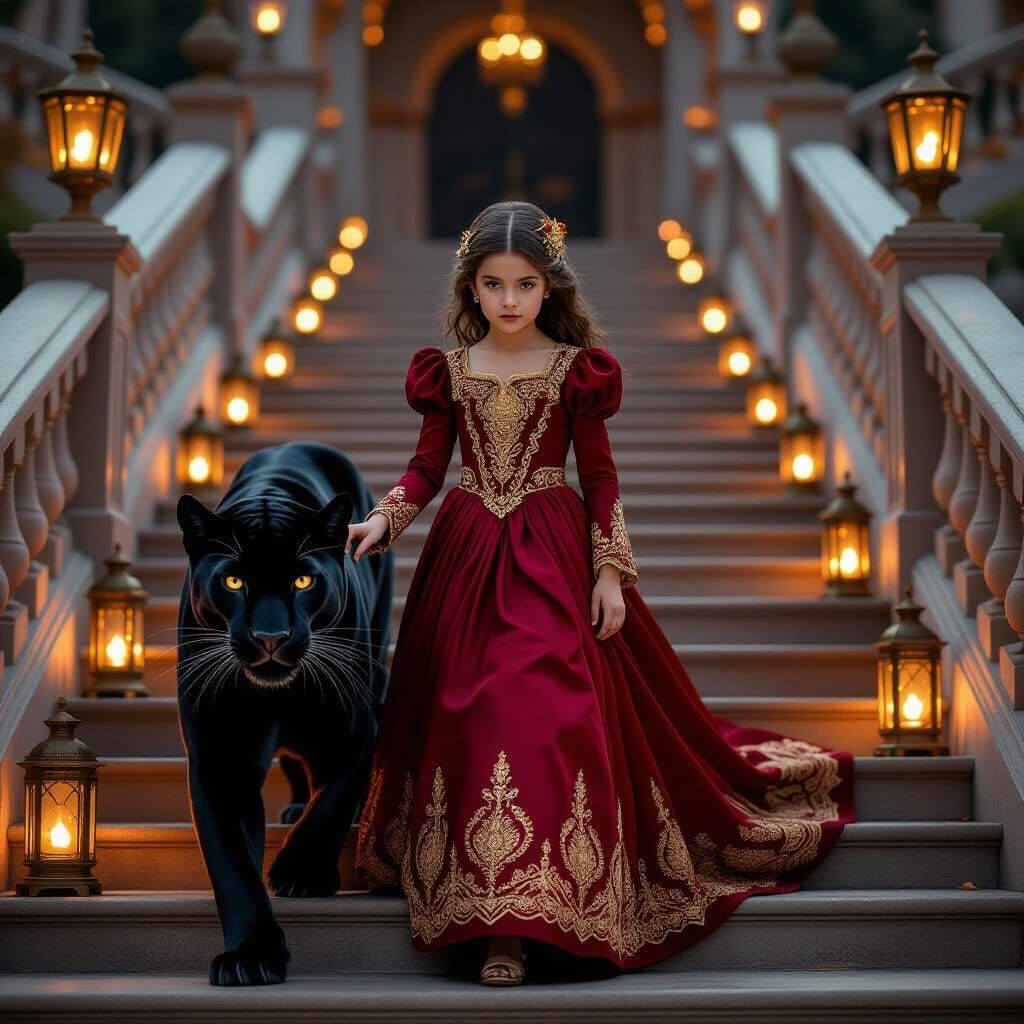 Crimson Gown: Palace Descent with Panther