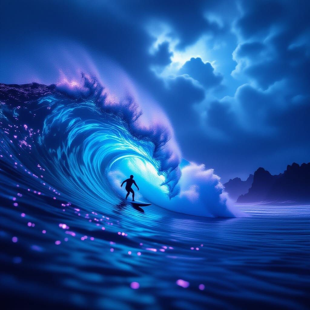 Lone Surfer Rides Colossal Wave Under Alien Sky