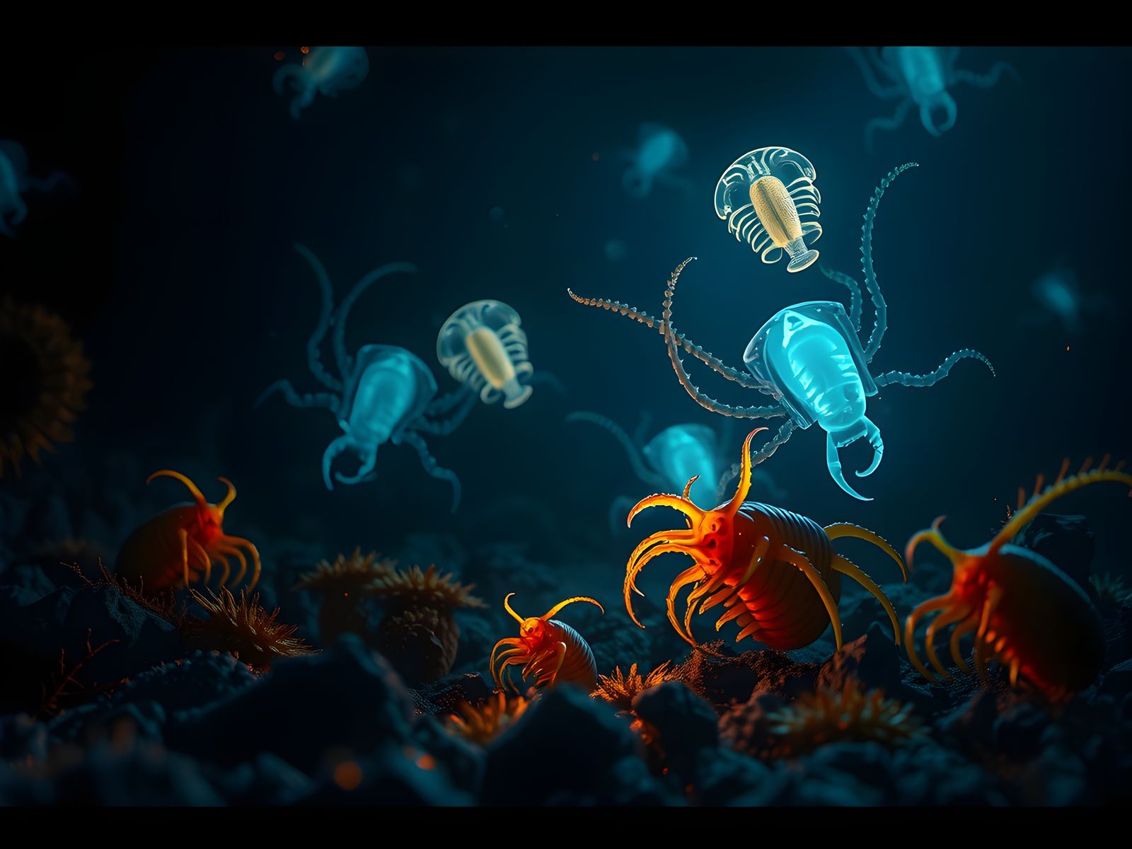 Luminescent Cambrian Sea Life in Film Style
