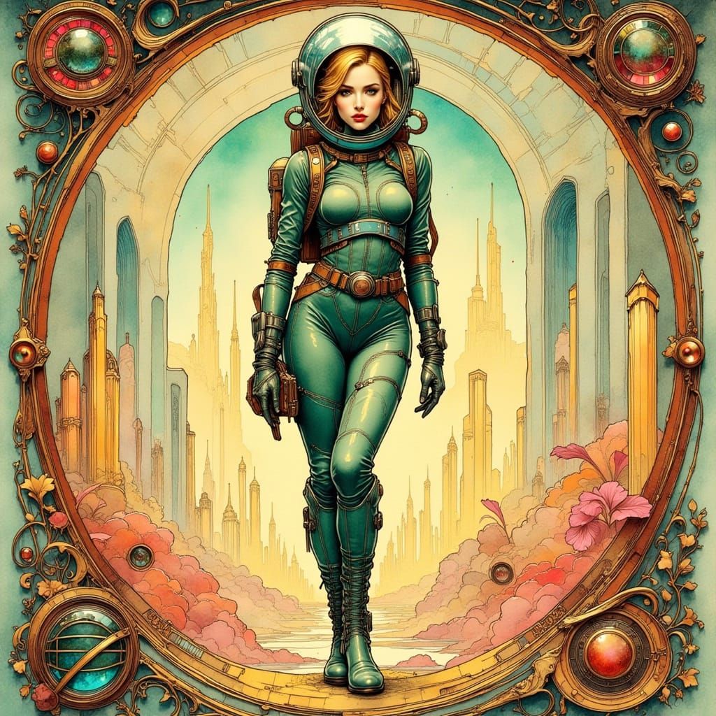 Art Nouveau Spacewalker in Alien Landscape