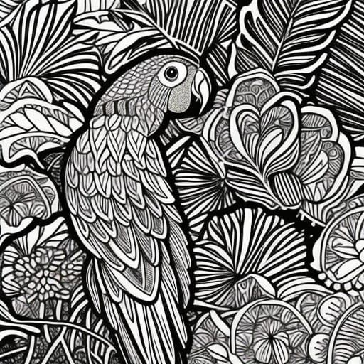 Detailed Parrot Coloring Book Page Illustration