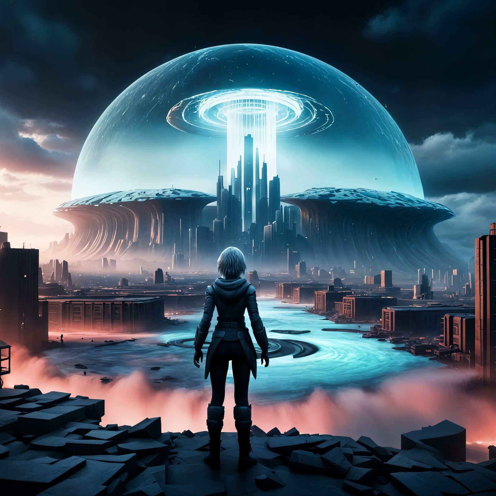 Giantess Dominates Dystopian City in Moody, Cinematic Scene