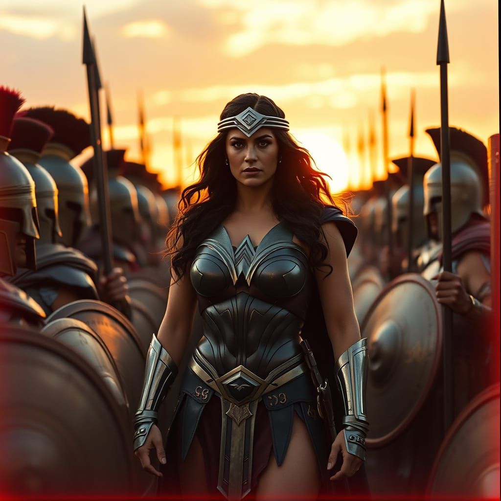 Wonder Woman Leads Spartans at Sunset: Epic Scene
