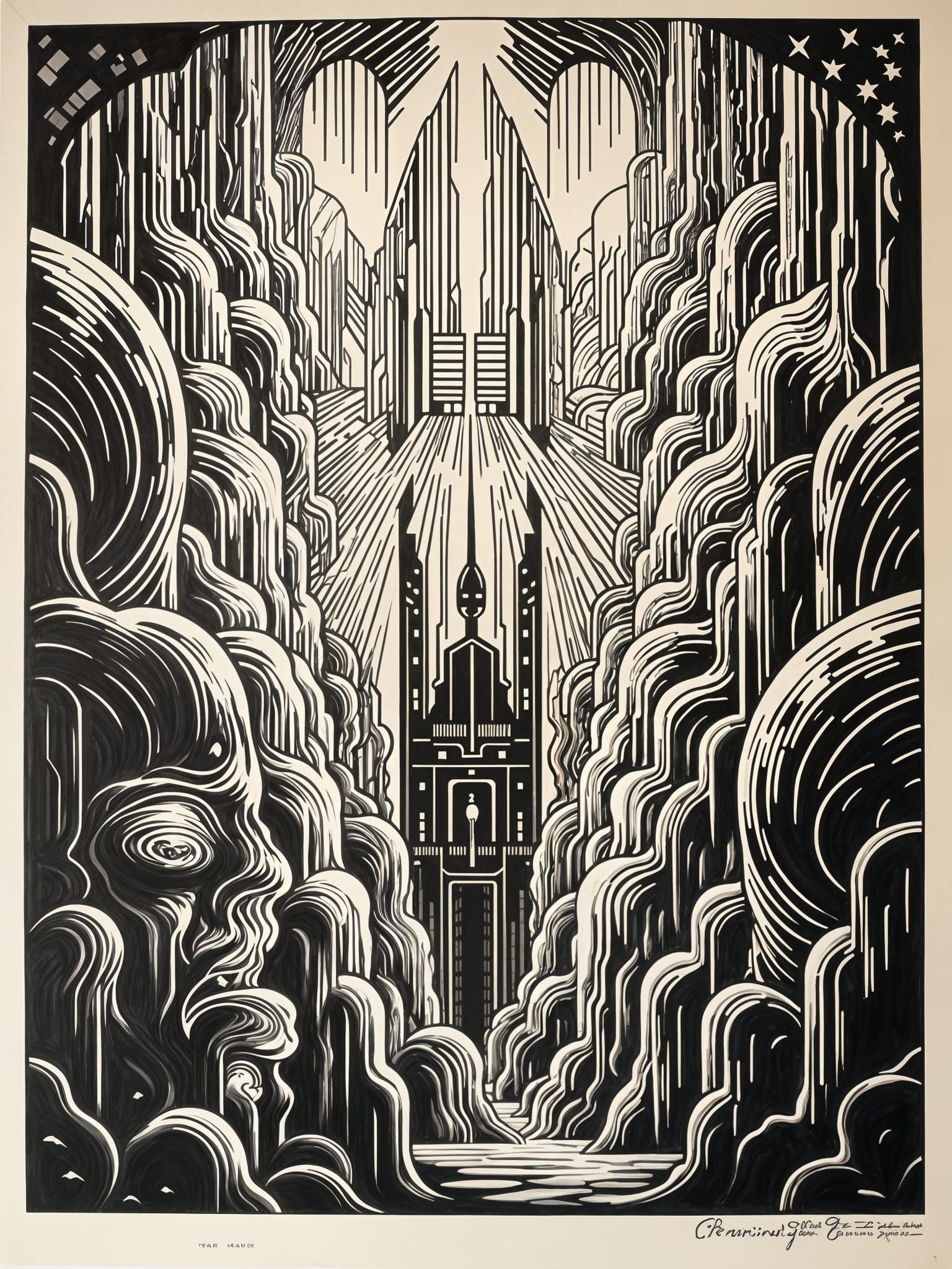 Icy Cavern City with Sharp Lines