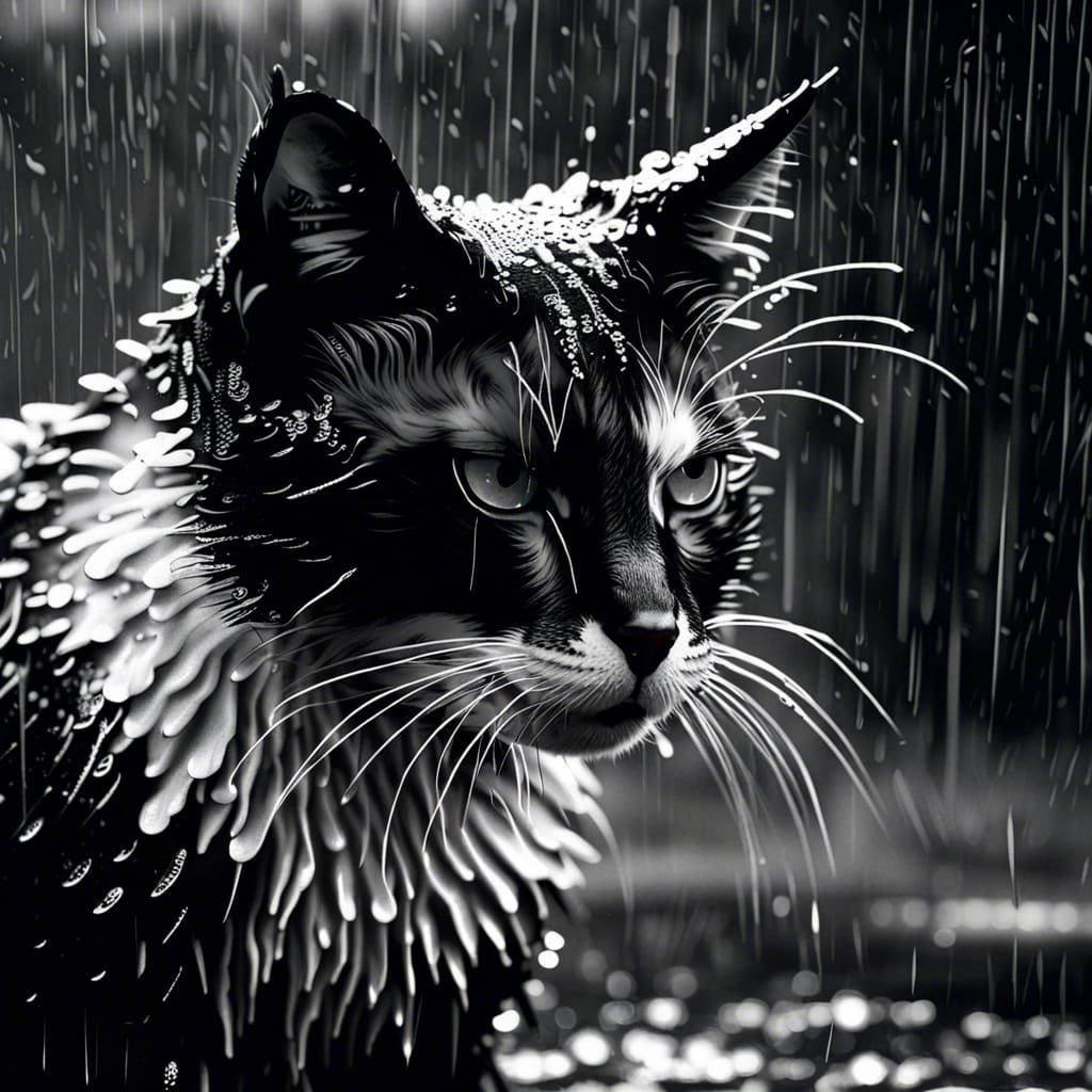 Detailed Photo of a Wet Cat in the Rain