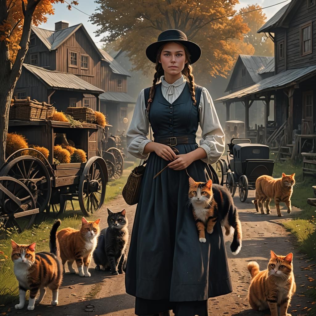 Amish Girl with Calico Cat: Detailed Matte Painting