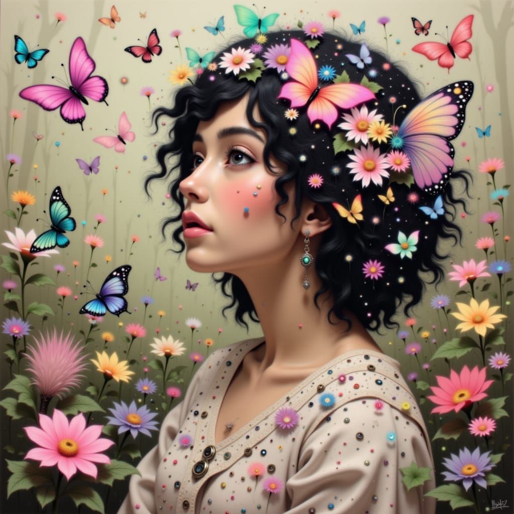 Ethereal Woman with Butterflies in Impressionistic Oil Paint...