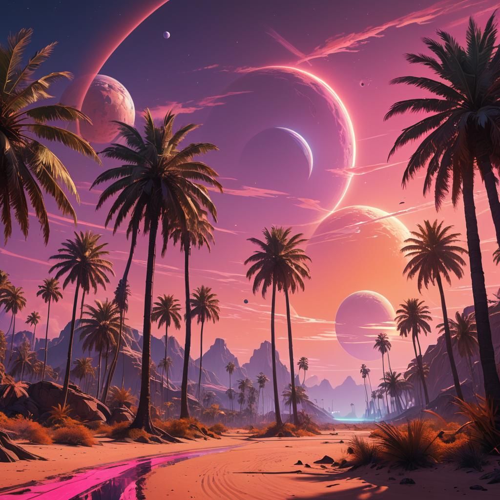 Alien Planet: Twin Sunsets in Neon Hues