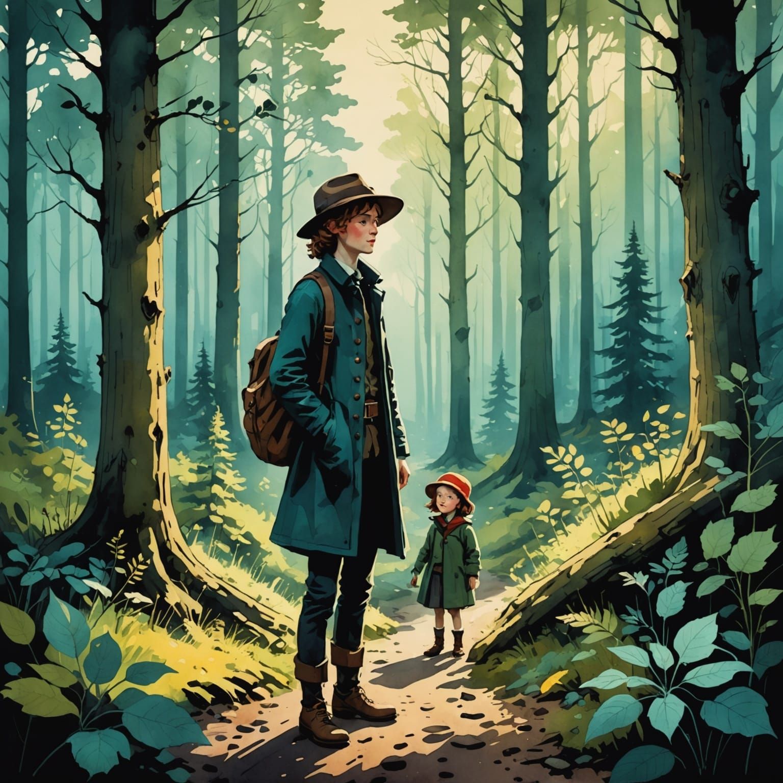 Enchanted Forest Scene in Watercolor and Ink