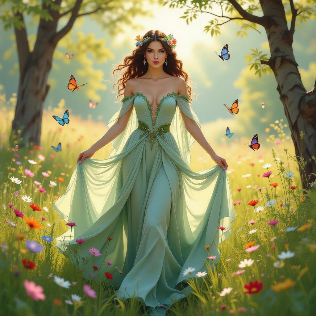 Elven Woman in Meadow, Art Nouveau Style