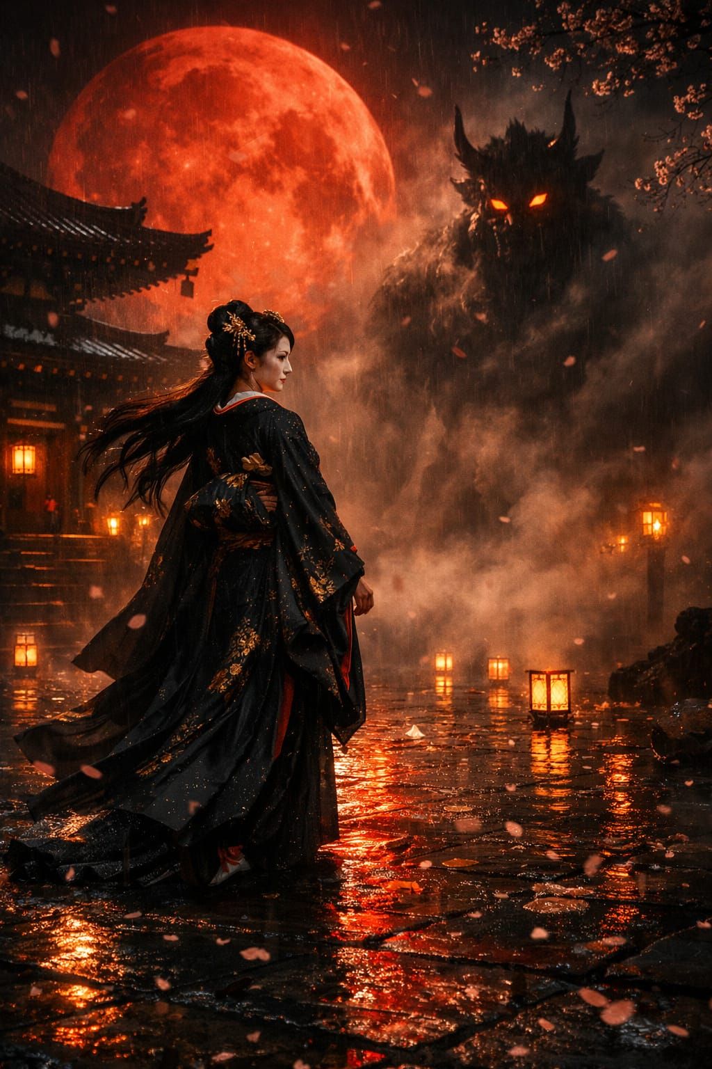 Geisha and Oni Under Blood Moon in Mythic Courtyard