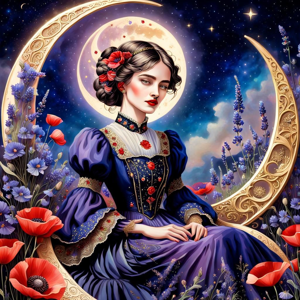 Victorian Woman on Moon Surrounded by Flowers