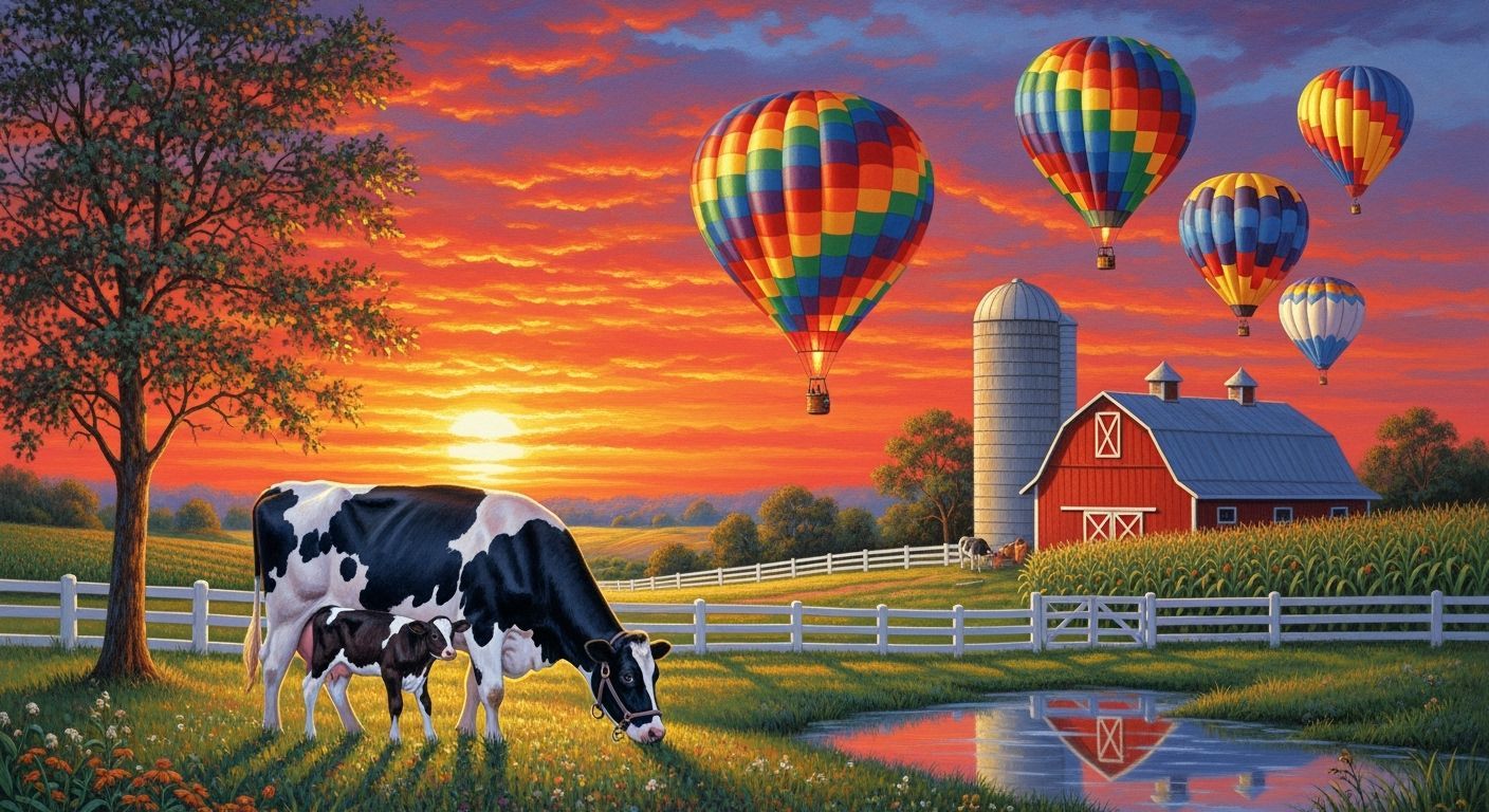 Dairy Cow and Calf at Sunset in Oil Paint Style