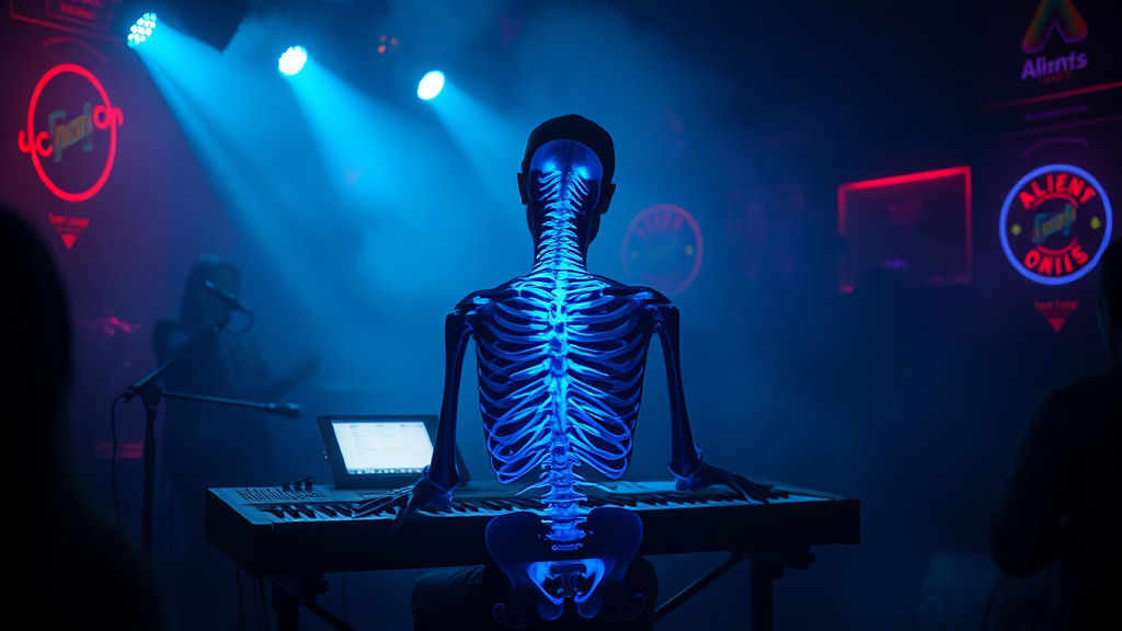 Neon Skeleton Keyboardist in Surrealist Alien Club