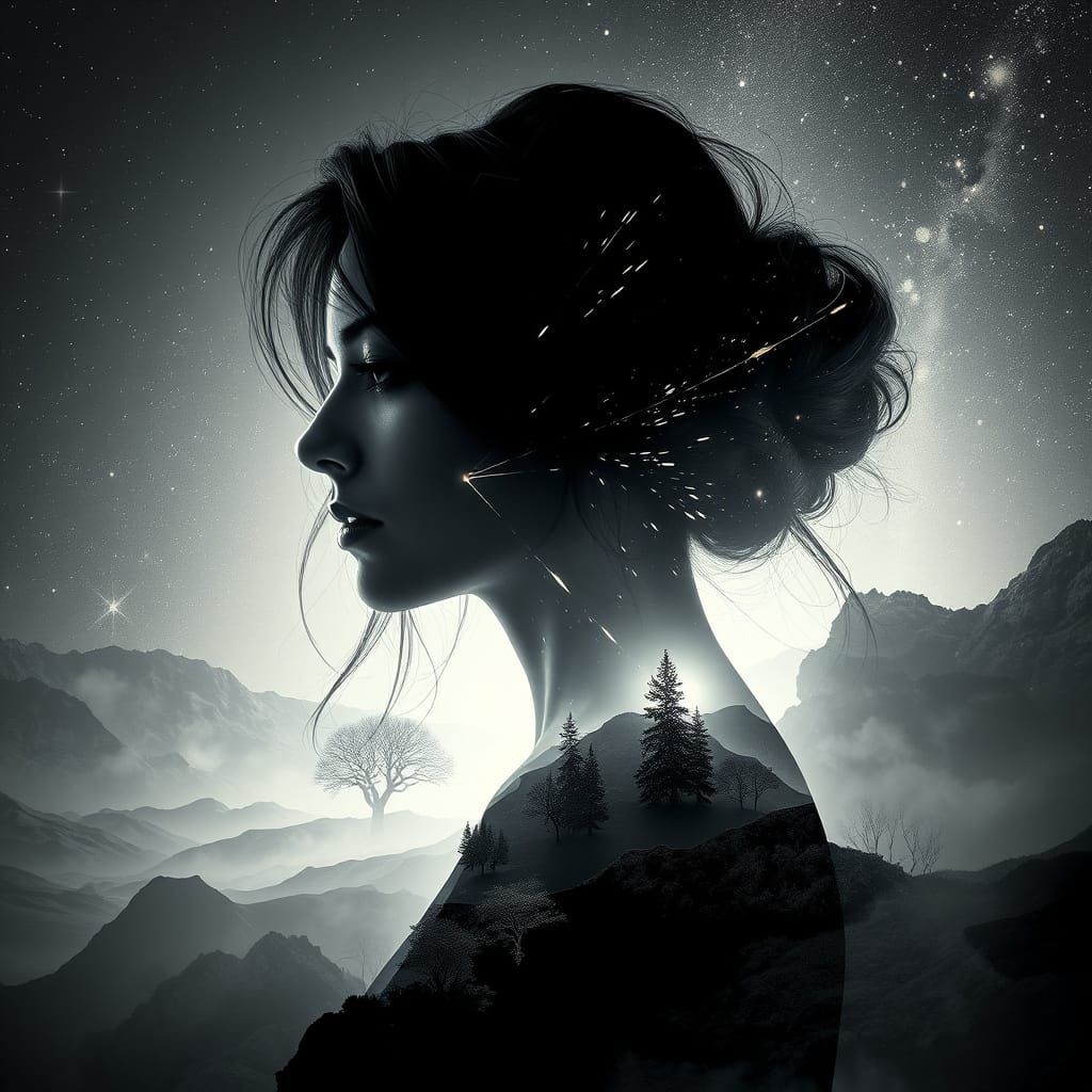 black and white double exposure portrait