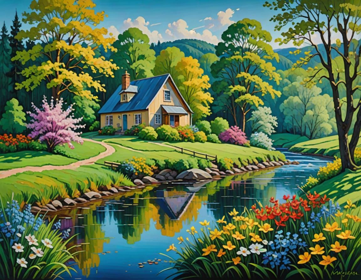 Idyllic Countryside House in Expressionist Impasto Style