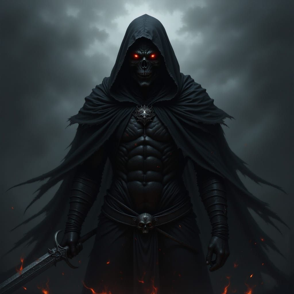 Shadow Deity Emerges from Fog with Fiery Sword