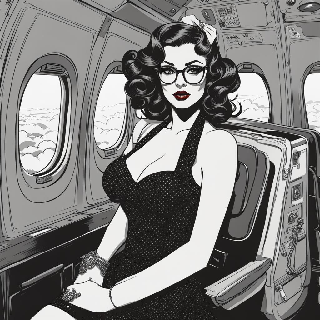 Gothic Pin-Up Girl on Airplane Coloring Page
