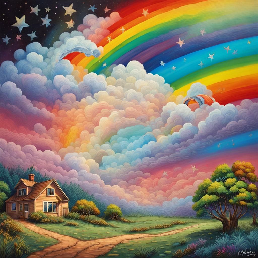 Psychedelic Rainbow Landscape with Clouds and Stars