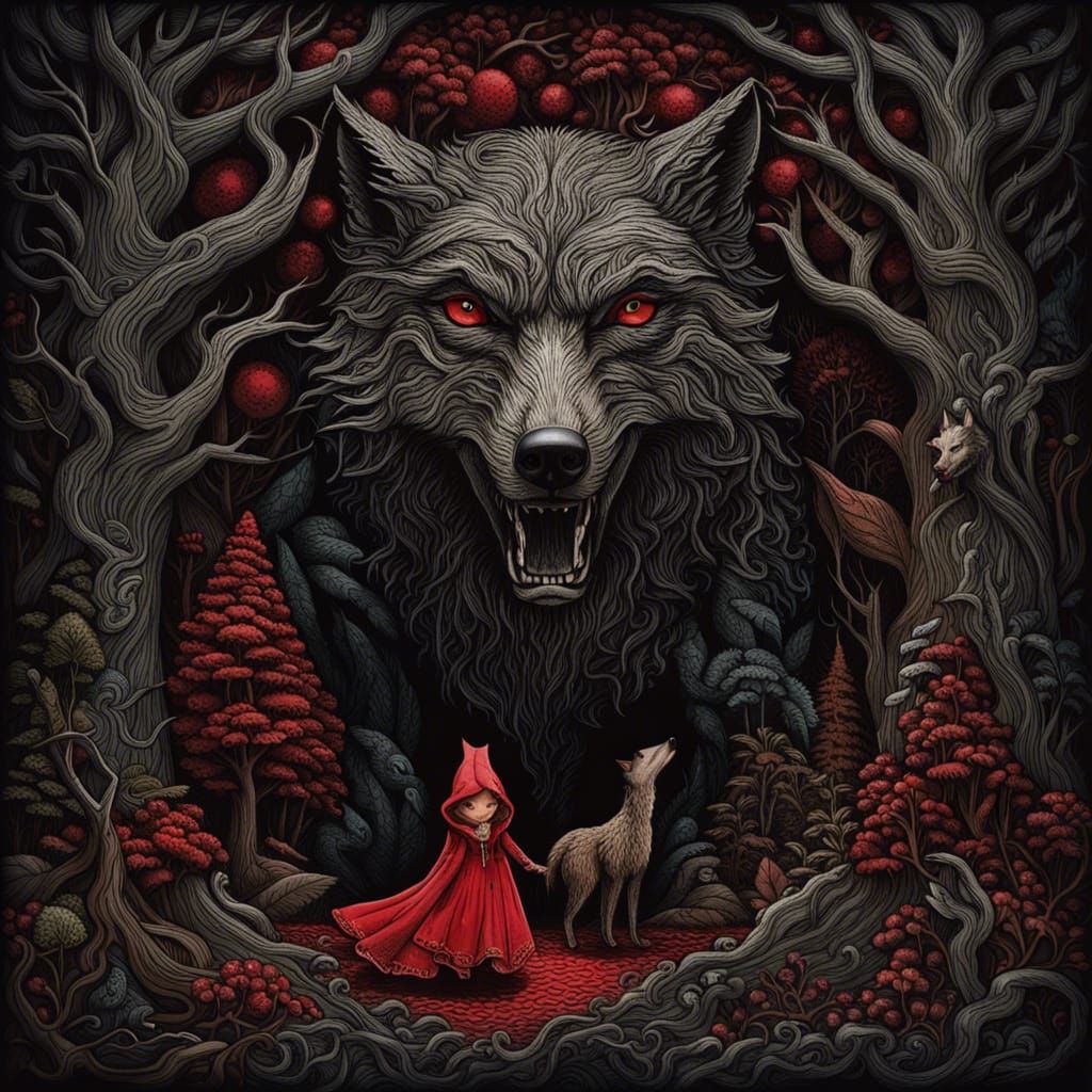 Little Red Riding Hood in Dark Forest Confrontation