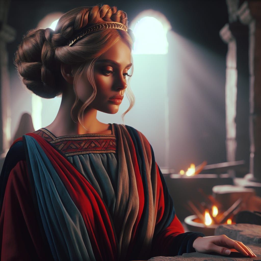 Ethereal Georgian Goddess Tending the Hearth in Cinematic Sp...