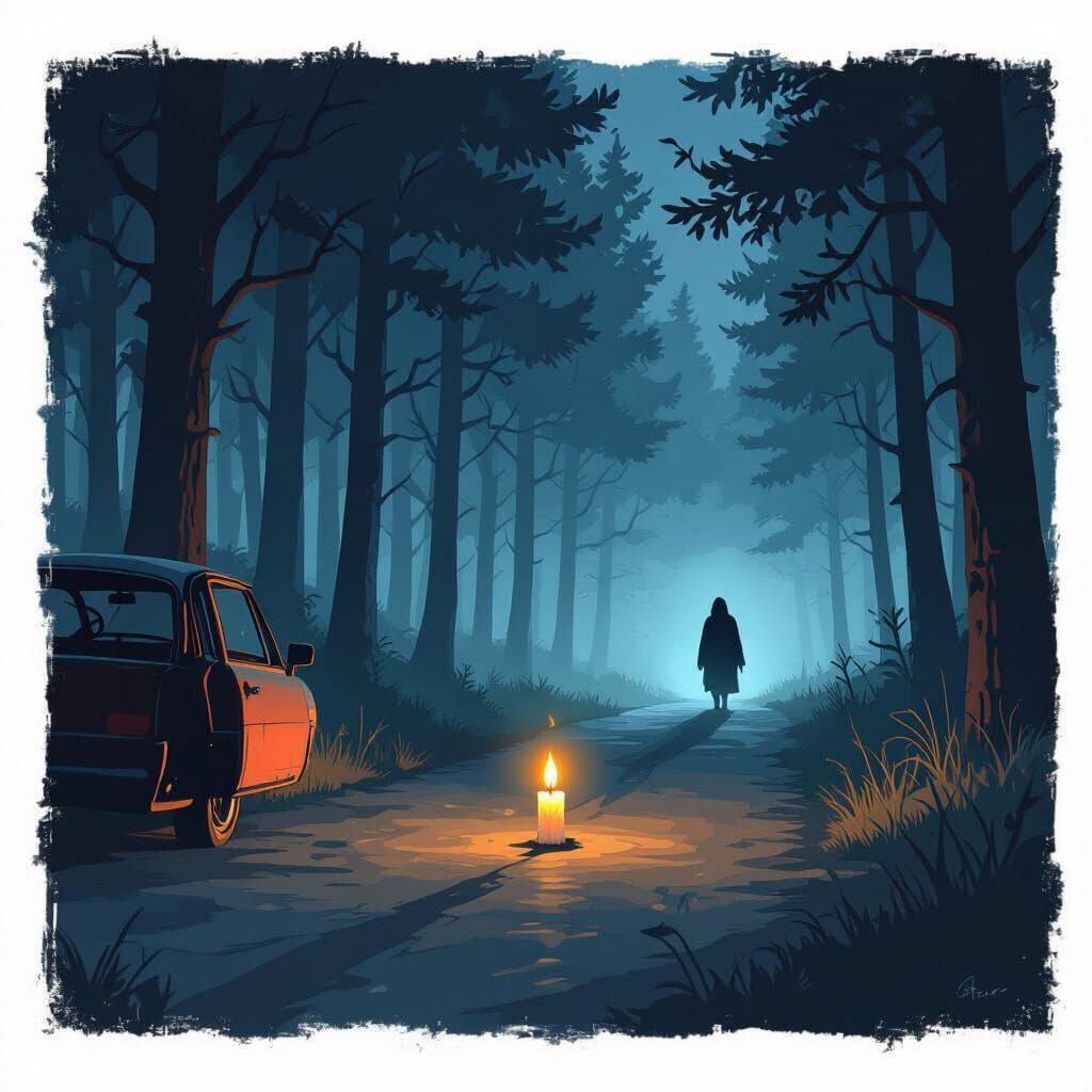 Eerie Forest Road at Night: Candle & Shadow Figure