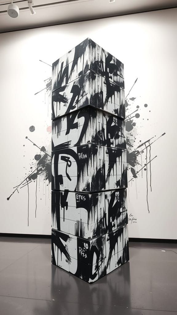 Urban Street Art Mural of Rubik's Cubes in Black and White