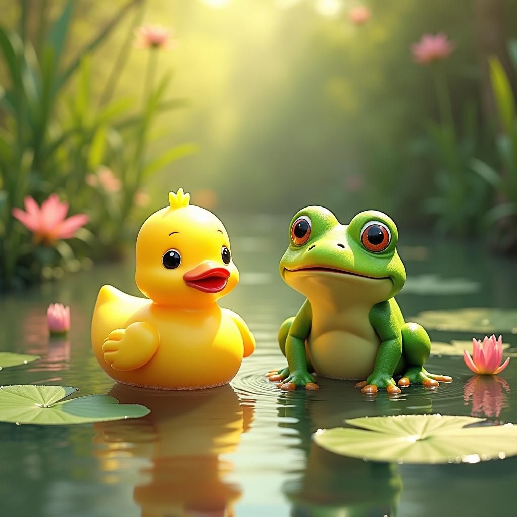 Yellow Duck and Green Frog by Pond