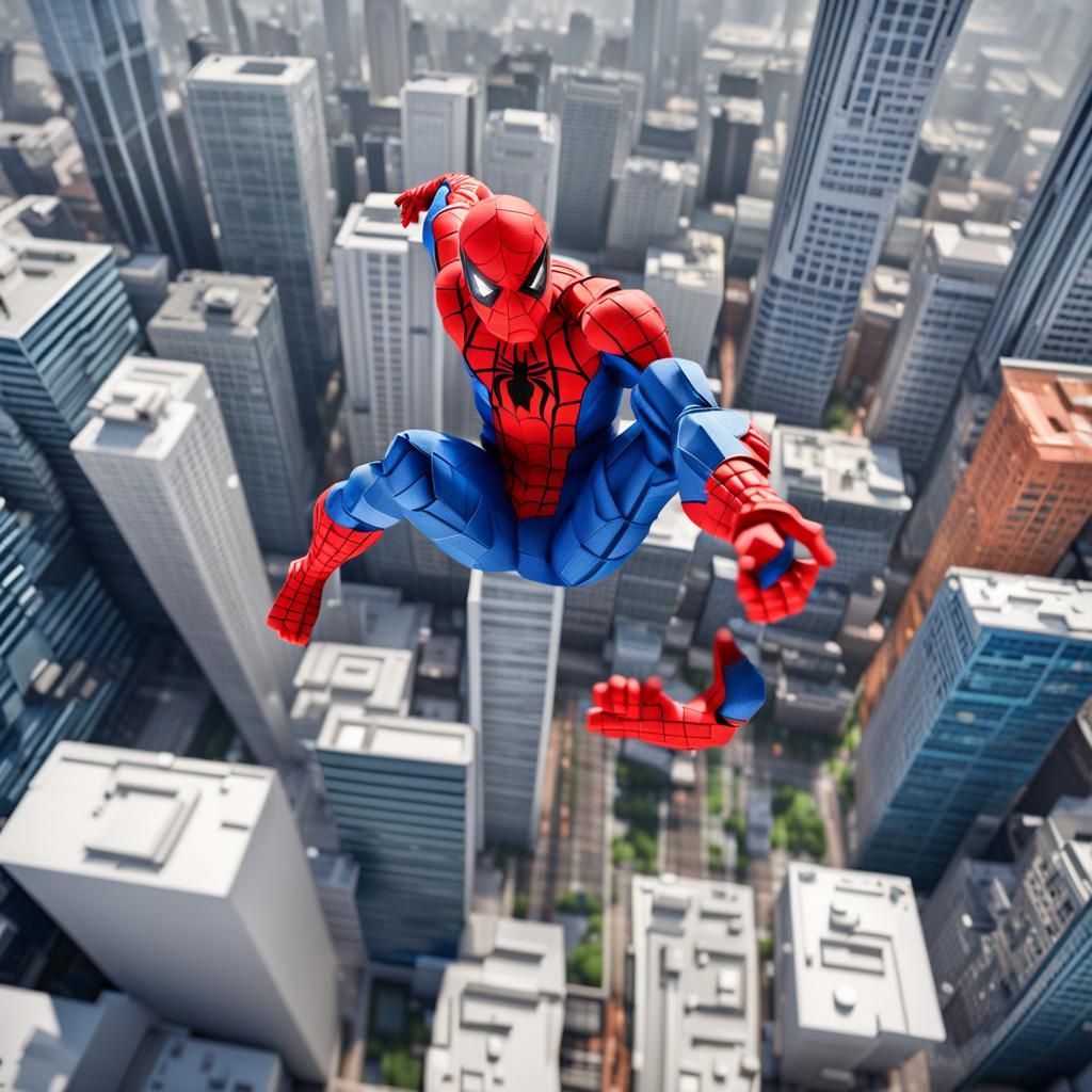Spiderman Swings Through Origami Cityscape