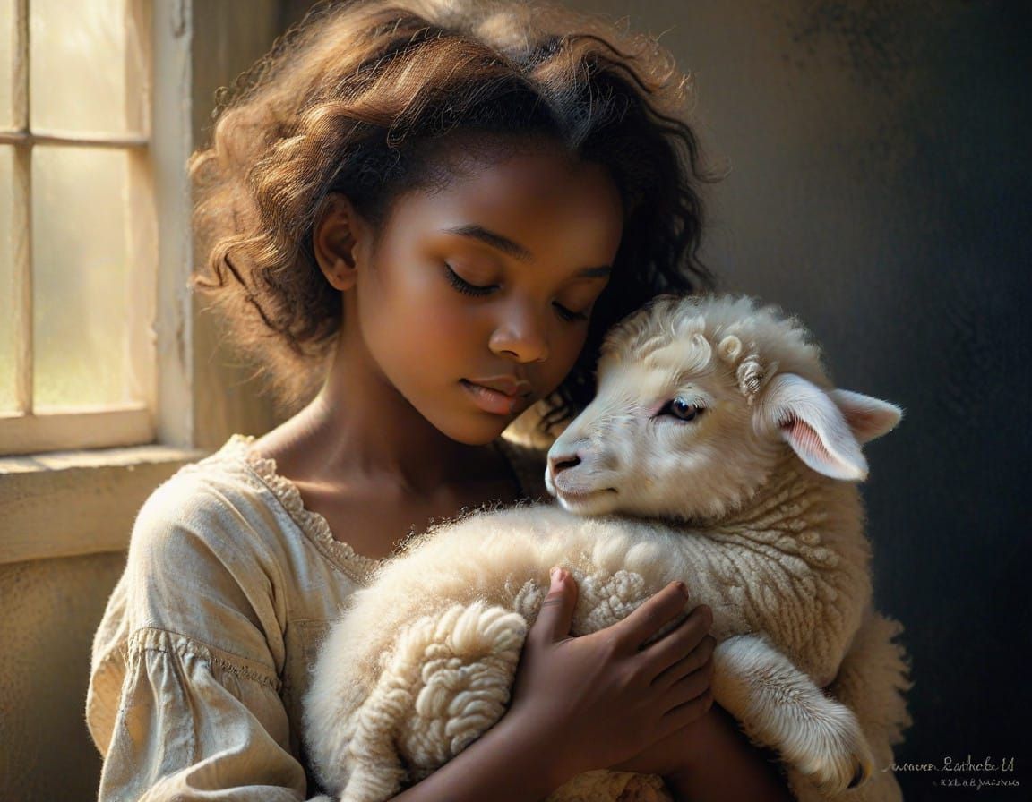 Little Girl Cuddles Lamb in Morning Light