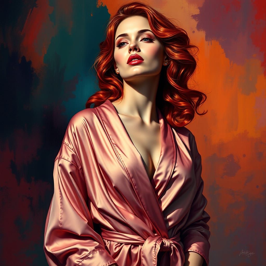 Elegant Red-Haired Woman in Silk Robe with Abstract Backgrou...